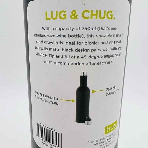 TRUE TANKED WINE GROWLER LUG & CHUG 750 ML DOUBLE WALLED STAINLESS STEEL NWT - Picture 2 of 15